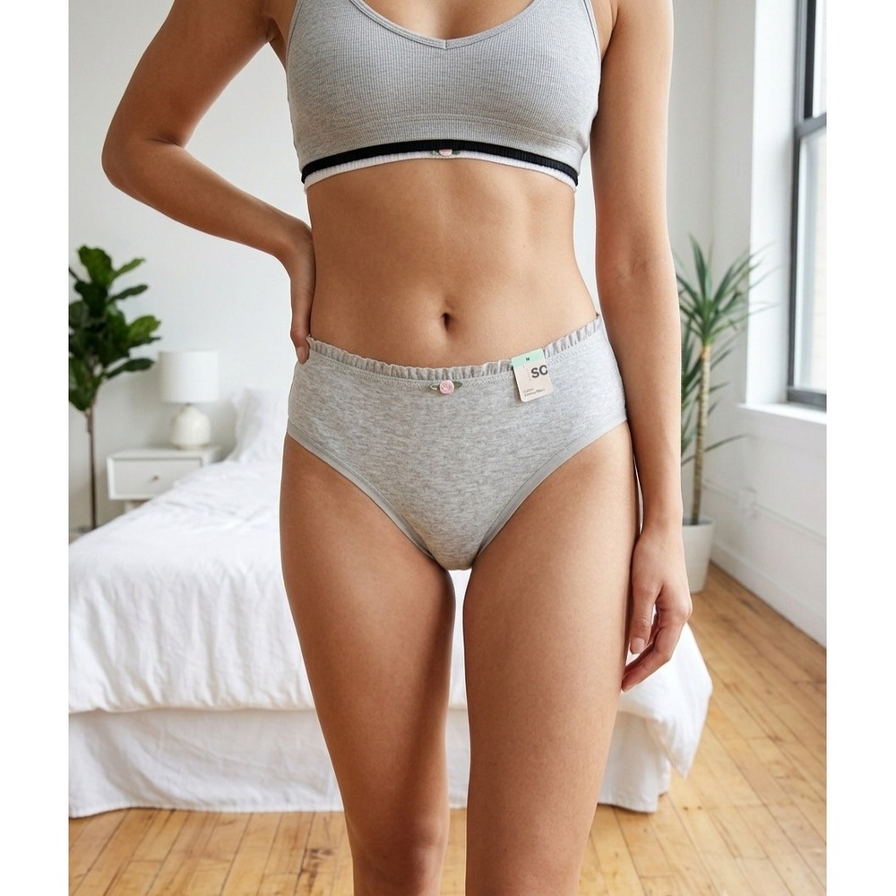 SO Cotton Cheeky Bikini Panties 3-Pack GrayWhite Black Rosette Ruffle Medium NWT